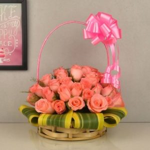 basket pink rose flowers