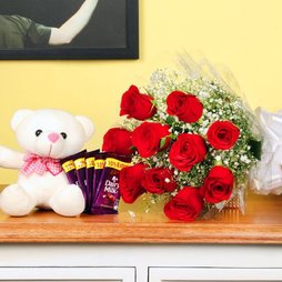 Beautiful red roses, teddy and chocolate Combo