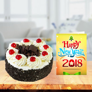 New Year Blackforest Cake with New Year Greeting Card