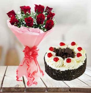 Black Forest Cake & Rose Bouquet