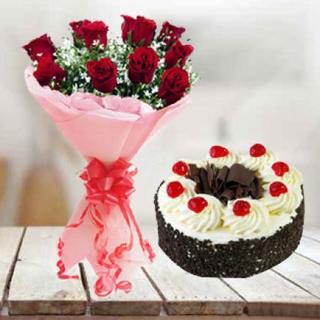 Black Forest Cake & Rose Bouquet