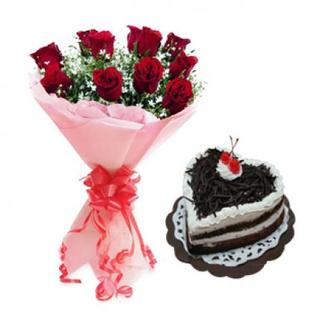 Valentine Red Roses & Heart Shape Black Forest Cake