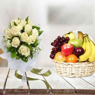 White Roses with Fruit Basket