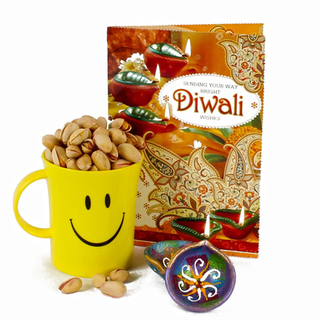 Pista In Smiley Mug with Diwali Card and Diyas