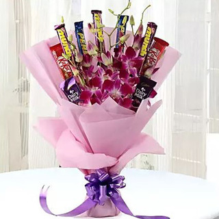Valentine Purple Orchids & Chocolate Bouquet