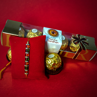 Red Green Beads Rakhi with Ferrero Rocher