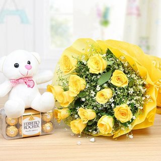 Yellow Roses, chocolate & Teddy Combo