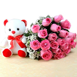 Valentine Pink Roses and Teddy Bear Combo