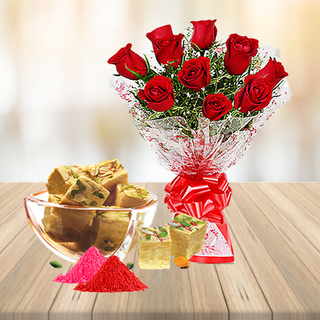 Red Roses and Soan Papdi with Holi Colors