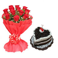 Valentine Red Roses & Heart Shape Black Forest Cake