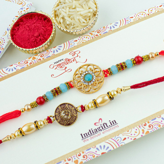 Colourful OM Leaf Rakhi Set