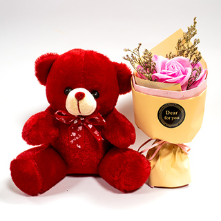Blue Roses Bouquet with Red Teddy