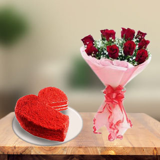 Red Velvet Heart Cake & Red Roses