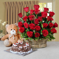 Roses Basket , Cake & Teddy Bear 