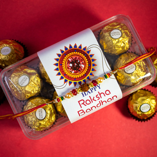 Colour Rudraksha Rakhi and 16 pc Ferrero Rocher