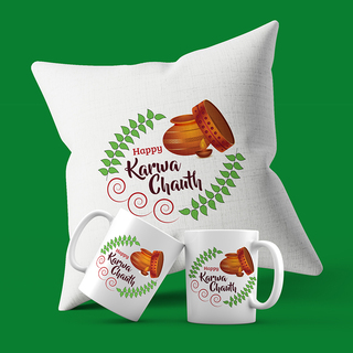Happy Karwa chauth Mugs and Cushion Set
