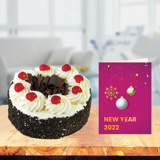 New Year Blackforest Cake with New Year Greeting Card