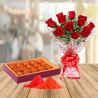 Red Roses and Motichoor Ladoo with Holi Colors