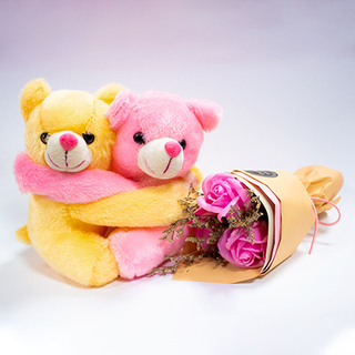 Hugging Teddy with Pink Roses
