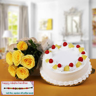 Pineapple Cake and Yellow Roses with Rakhi