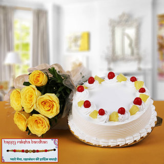 Pineapple Cake and  Yellow Roses with Rakhi