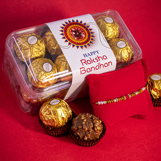 Red Pearl Rakhi and 16pc Ferrero Rocher