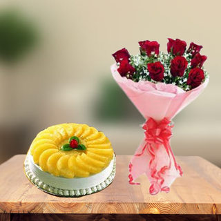 Premium Pineapple Cake & Red Roses