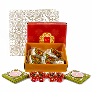 Assorted Sweets with Designer Pagla and 2 fdiwali hamDiyas