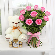 Pink Roses, chocolate & Teddy Combo