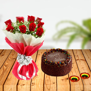 Diwali Red Roses and  Chocolate Cake Combo