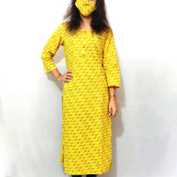 Yellow Printed Cotton Kurti