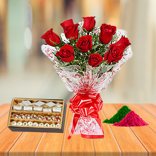 Red Roses and Assorted Sweets with Holi Colors