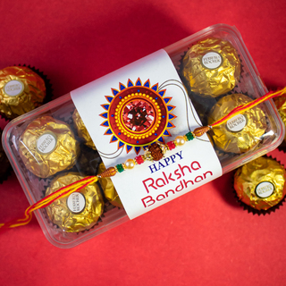 Colourful Rudraksha Rakhi and 16 pc Ferrero Rocher