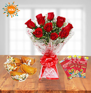 Roses with Gujiya & Holi Colors