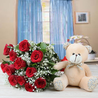 Adorable Love Dose- Red Roses with Teddy