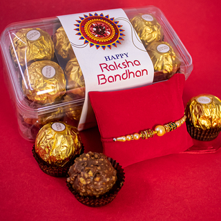 Moti Pearl Rakhi and 16 pc Ferrero Rocher
