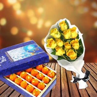 Yellow Roses With Ladoo