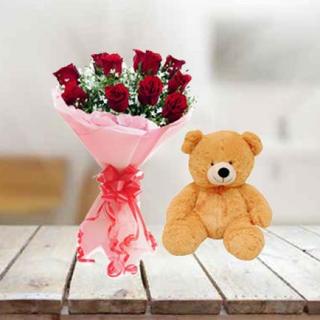 Teddy With Red Roses Bouquet