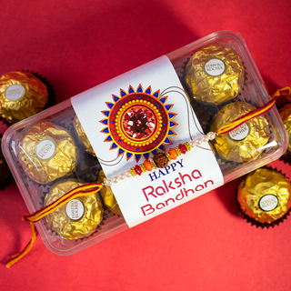 Pearl Rudraksha Rakhi and 16 pc Ferrero Rocher