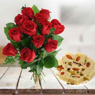Red Roses With Mawa Burfi