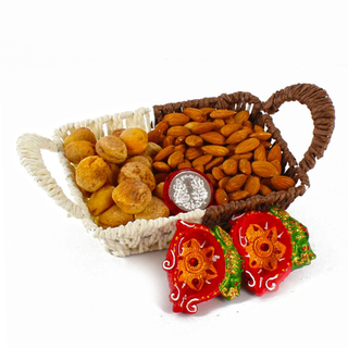 Dry Fruit Tray with Diyas and Coin