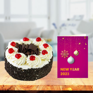 New Year Blackforest Cake with New Year Greeting Card