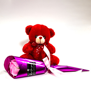 Red Teddy with Beautifully wrapped rose