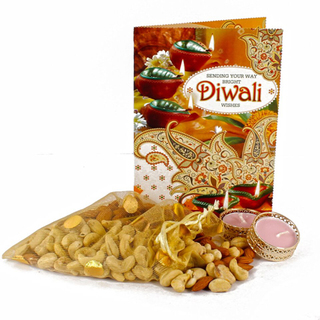 Kaju Badam Pouch with Diya and Greeting Card