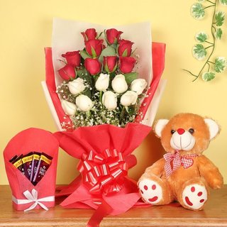 Cute Red roses, teddy and chocolate Combo