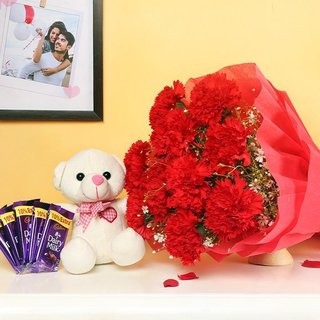 Beautiful carnation, teddy and chocolate Combo