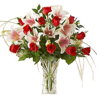 Valentine Red Roses & White Lilies in Vase