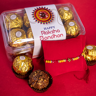 Red Yellow Rakhi and 16pc Ferrero Rocher