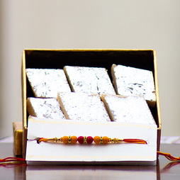 Colorful Beads Rakhi with Kaju Barfi