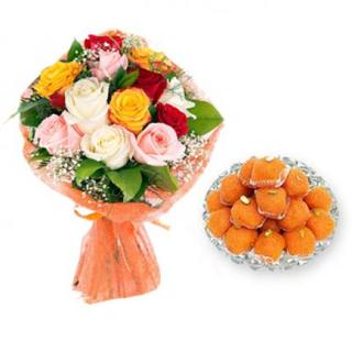 Mixed Roses With Motichoor Ladoo